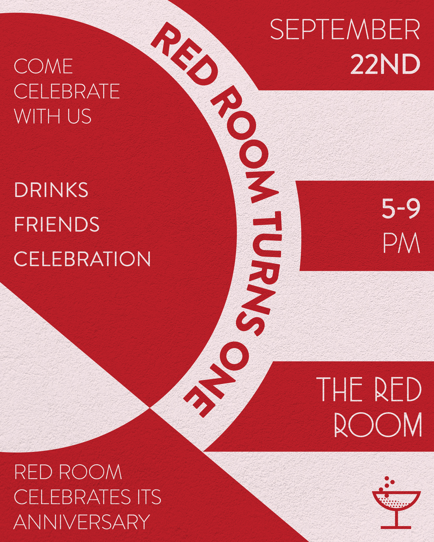 Red Room 1st Anniversary celebration flyer with circular arc typography on crimson and textured stucco